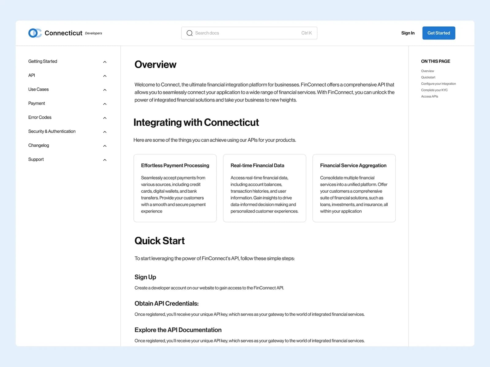 Developer documentation interface with sidebar, article, and table of contents.