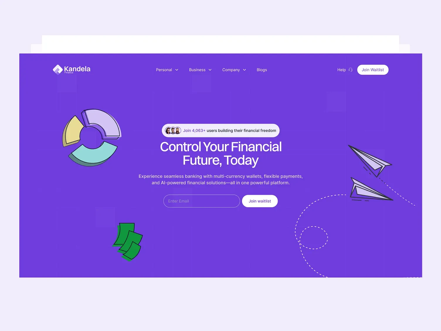Kandela Finance landing page in violet with financial illustrations.