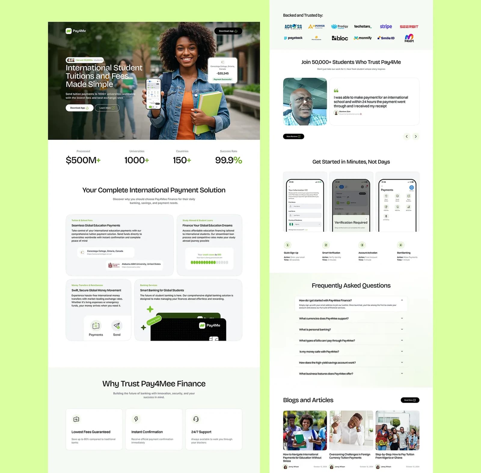 Pay4Me landing page redesign: hero, services, onboarding, and supporting content.