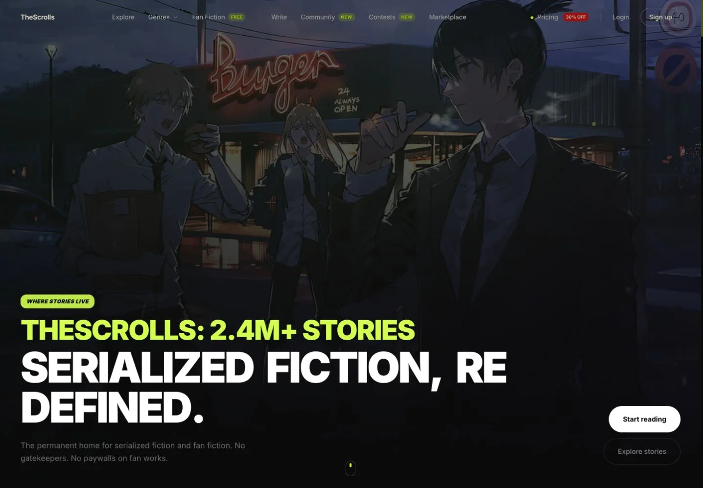 TheScrolls public homepage with illustrated hero artwork.