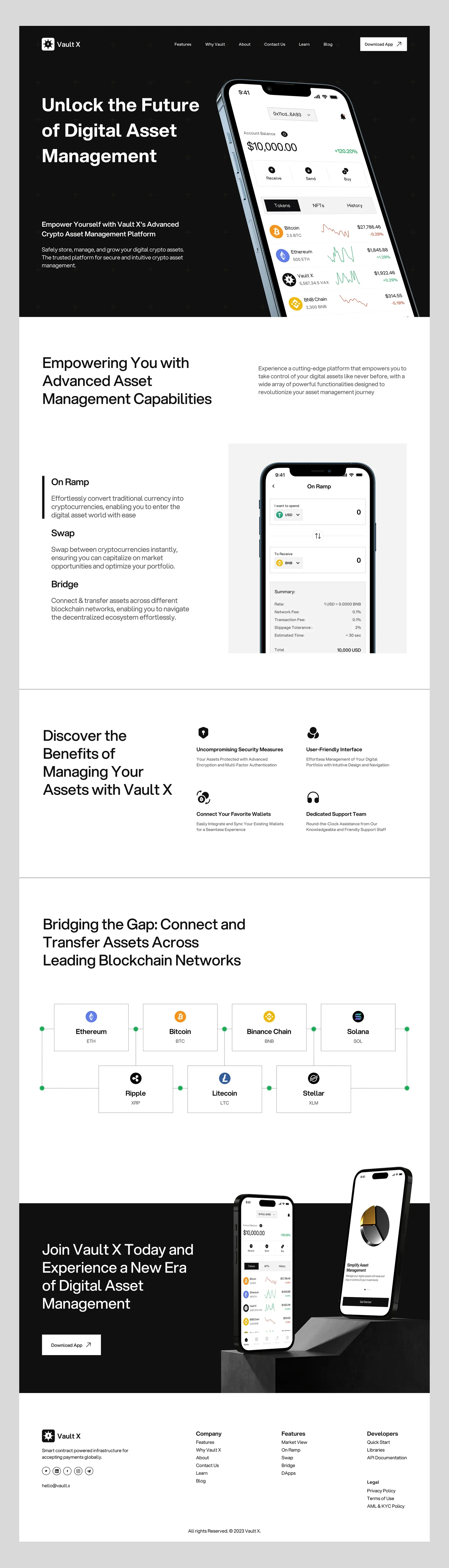 Full VaultX website design, from product introduction to feature sections.
