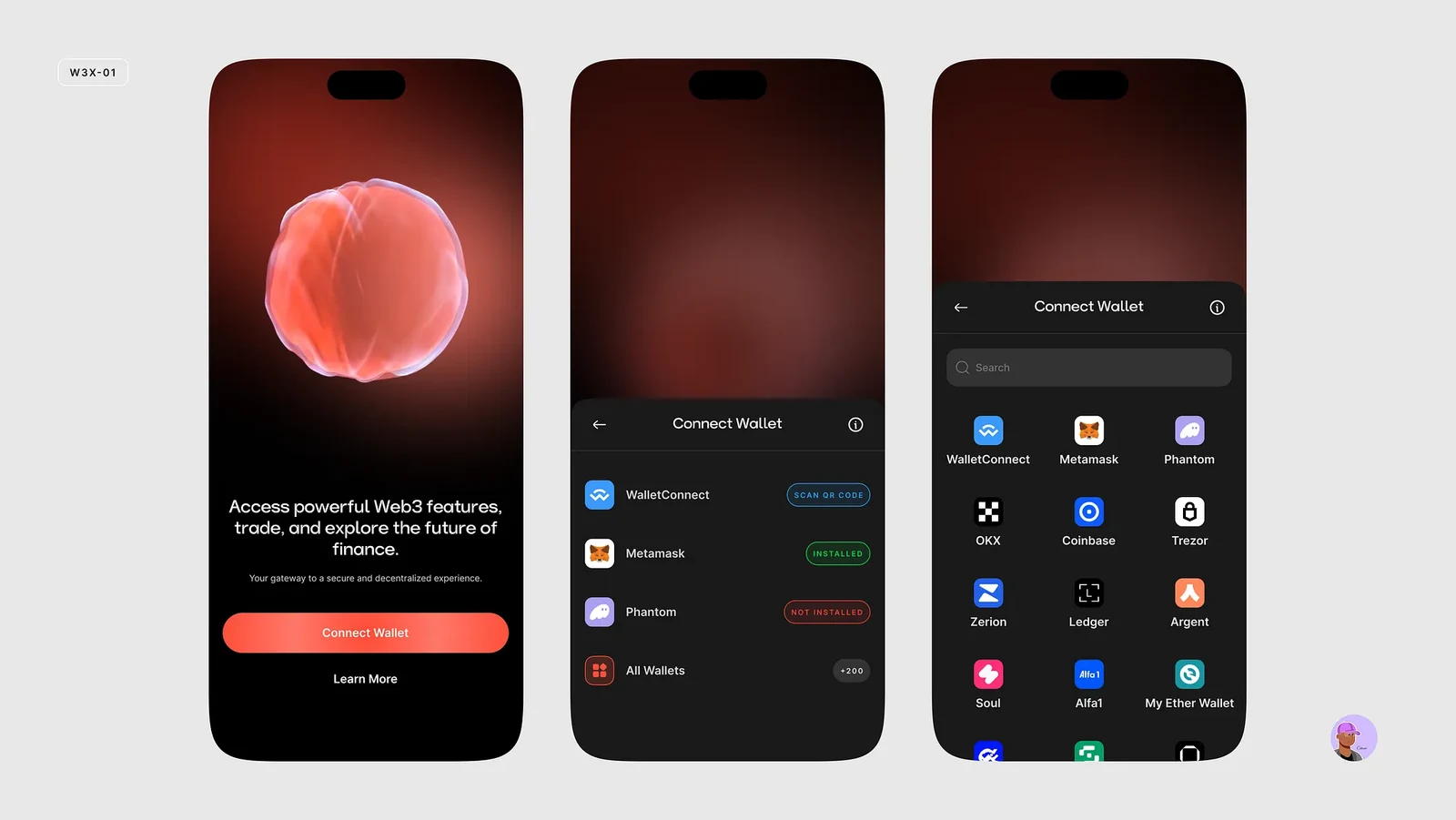 Dark wallet connection interface with wallet selection and search.